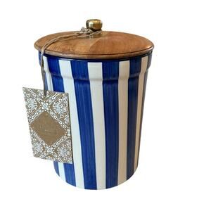 Hand Painted Striped Ceramic Canister w/ Wood Lid Made in India Blue Cream 7"